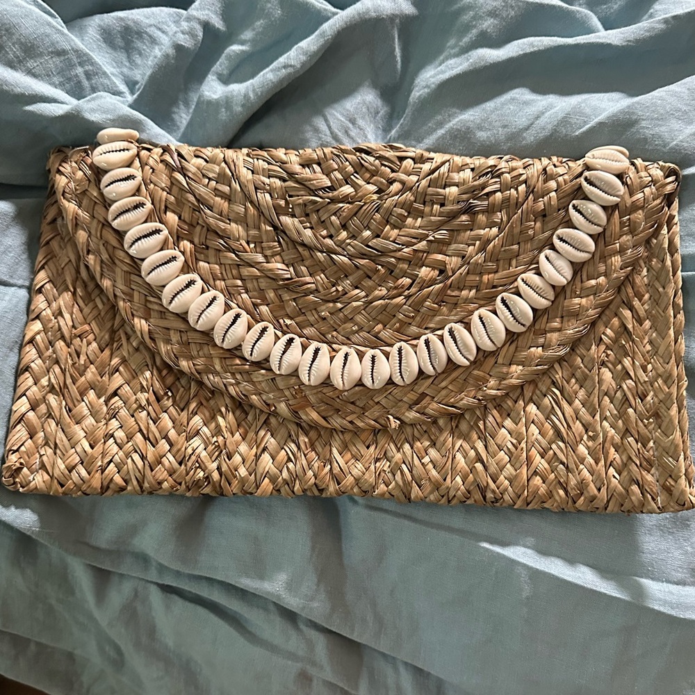 Natural Wicker Woven Clutch with Shell Accents